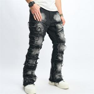 Men's Destroyed Biker Jeans | Y2K Hip Hop Raw Hem Design | Slim-Straight Ripped Denim Pants with Patch & Spliced Details Streetwear