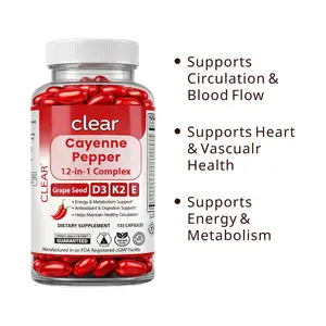 Clear Cayenne Pepper Softgels, 12-in-1 Heart Health & Circulation Support Supplement for Men & Women with Capsaicin, Hawthorn Berry, Beet Root, Turmeric Curcumin, Berberine, Ginseng, Piperine, Vitamins D3, K2, E, Metabolism & Antioxidant Support, 135 Ct