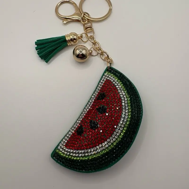 Keychain Bag Charm, Cute Sparkling Rhinestone Watermelon Slice, Unisex Gold-Tone Charm with Green Tassel, Black Seeds, Fruit, Lightweight, Food, Kawaii Accessories, Metallic