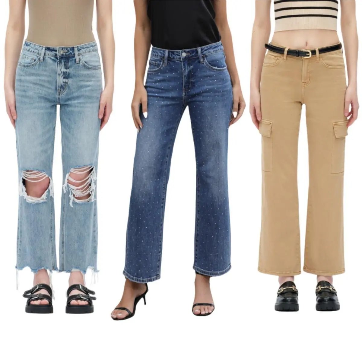 Vogatiques Wide Leg Jeans Tummy Control Relaxed Stretchy Mid-High Rise Distressed Ripped Raw Hem Straight Leg Flare Baggy Crop Denim Pants
