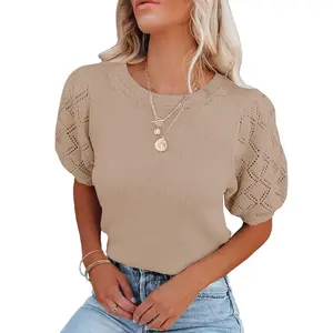 Yesfashion Women's Puff Short-Sleeve Hollow-Out Knit Pullover, Round Neck Diamond Eyelet Summer Blouse