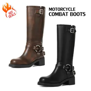 CYNLLIO Motor Cycle Combat Boots Women Round Toe Fashion Metal Buckles Chunky Block Heel Rivets Wide Calf Riding Boot Pull On Casual Vintage Dress Spring Rocky Boots Chunky Heel Vintage Riding Boots