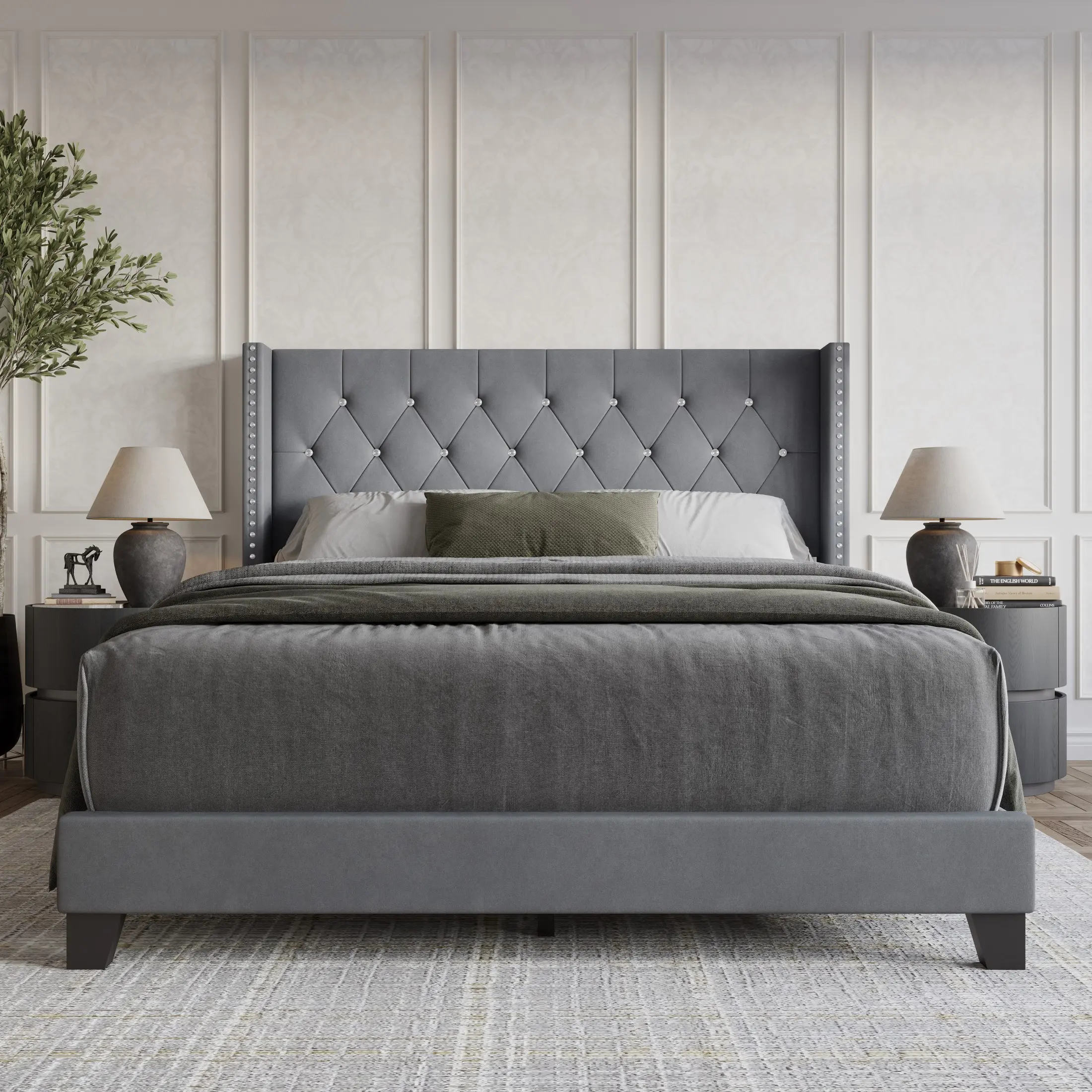 Favorer Monroe Tufted Upholstered Wingback Panel Bed Frame - High Headboard, Diamond Tufting, Nailhead Trim, Indoor Bedroom Furniture (Full Size Bed:82.1"(l)x55.9"(w)x48.4"(h), Queen, King Size Bed Frame Set; Box Spring Required for Adults)