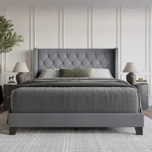 Favorer Monroe Tufted Upholstered Wingback Panel Bed Frame with Diamond Tufting and Nailhead Trim for Adult Bedroom, Box Spring Required
