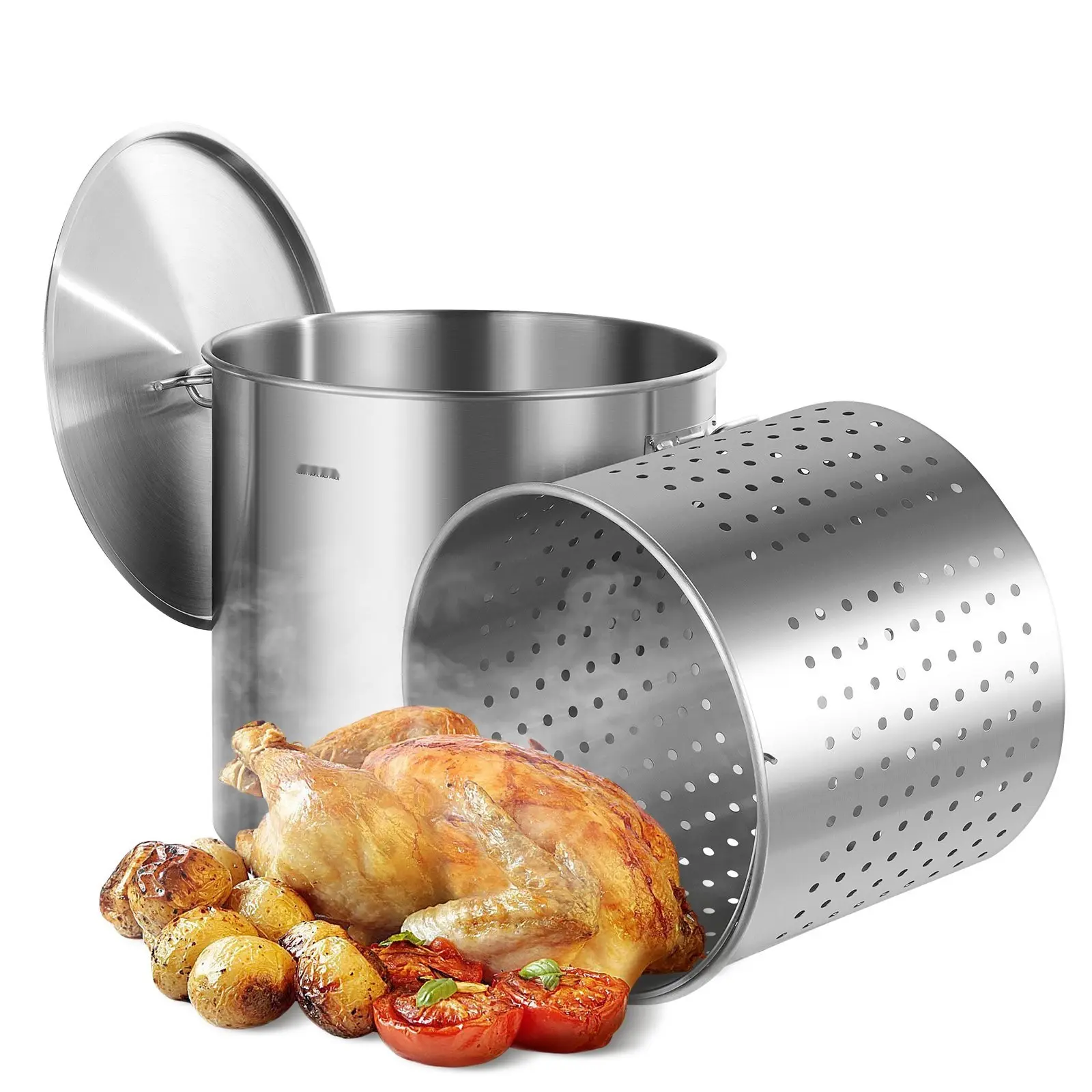100 Qt Stainless Steel Stock Pot With Basket Strainer, Lid And Heat-Resistant Handles For Commercial Kitchen Use, Large Capacity Cooking Pot Ideal For Boiling Pasta, Soup, Stew, Beans, Broth, And Catering-Grade Performance