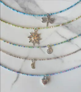 Silver Charm Choker, STAINLESS STEEL, Seed Bead Jewelry, Multi-Color Choker, Smiley Face Beaded Choker, Colorful Summer Necklace