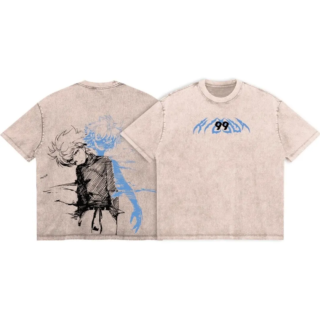 Vintage Washed Hunter X Hunter Killua Zoldyck T-Shirt, Blue 99 Emblem Anime Graphic Oversized Streetwear