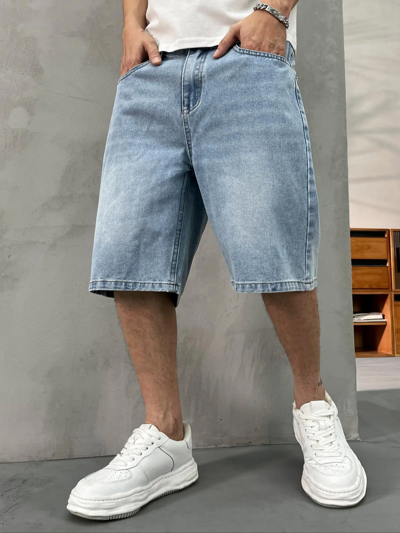 Men's washed retro Vintage color natural light wash denim shorts, Jean, trendy, versatile, loose straight-leg casual streetwear denim five-point pants, Best Selling Jorts #GLOBAL PICKS