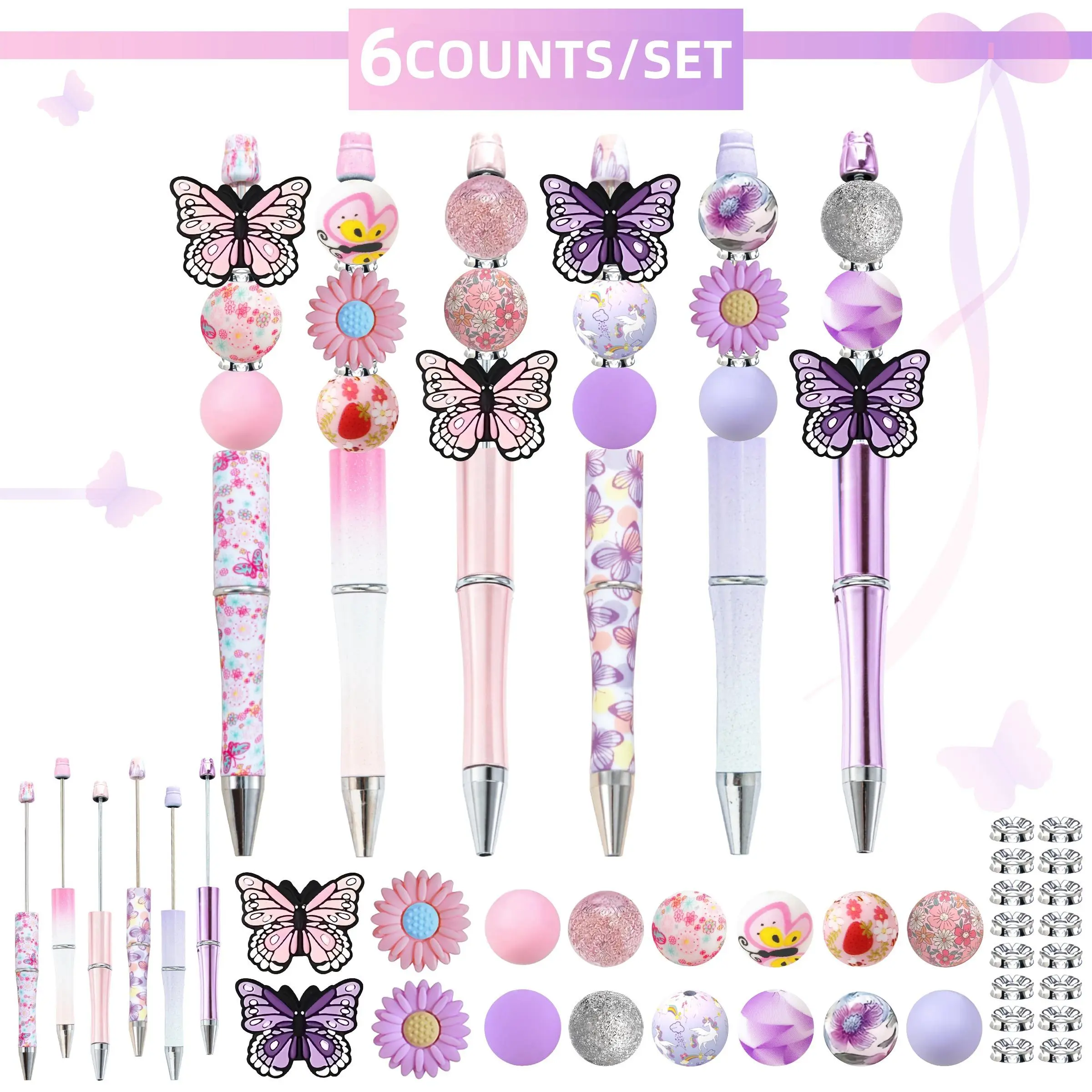 6PCS DIY Beaded Pen Charms Kit, Butterfly Daisy Silicone Beads, Pastel Pink Purple Glitter, Creative Stationery Accessories, Party Favors Birthday Gifts, Aesthetic Pens