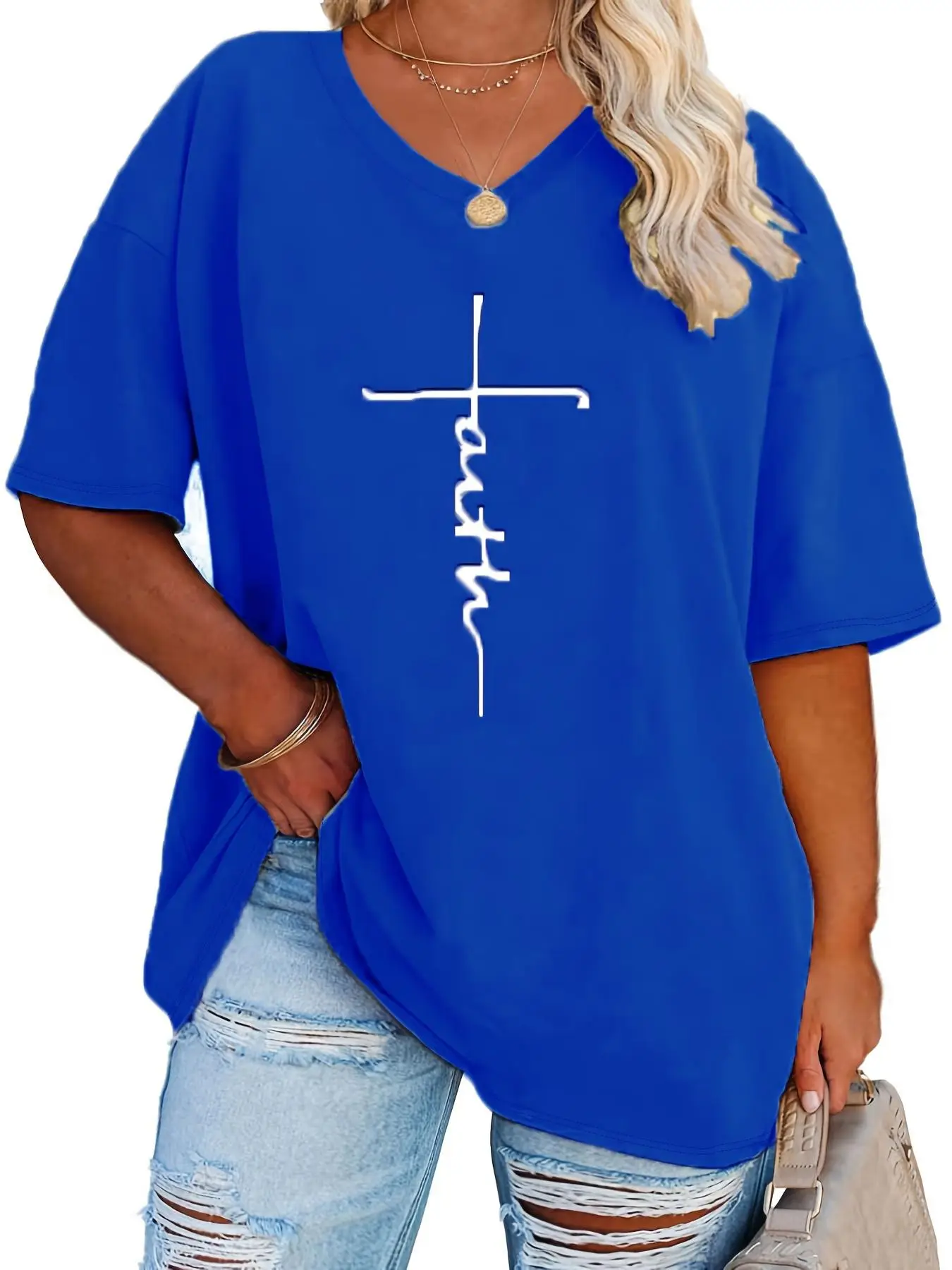 【Plus Size】 Letter Print Drop Shoulder Tee, Casual Half Sleeve V Neck T-shirt for Summer, Women's Plus Clothing for Daily Wear