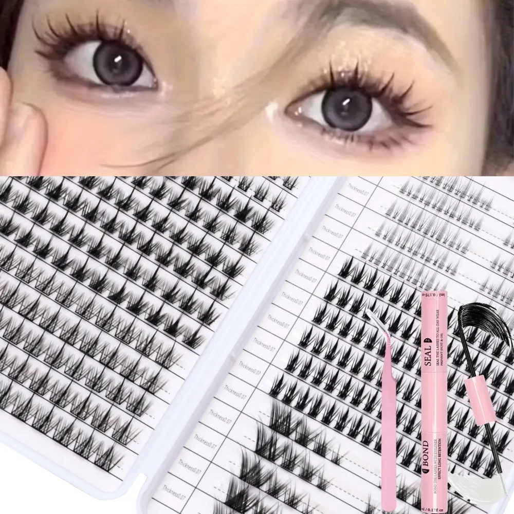 448 Cluster Large Capacity Handmade Cat Eye False Eyelash Set - Natural Makeup Extension, Fluffy Eyelashes Cluster, Various Styles, Large Capacity Handmade Cat Eye Hybrid DIY Single Straw False Eyelash Set+Eyelash Double Head Adhesive+Eyelash Clip