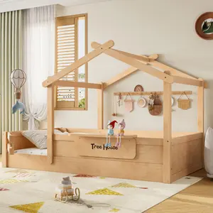 [Bellemave]Twin/Full/Queen Size Floor Bed with Guardrails and Roof, Kids House Floor Bed with a Small Built-in Tray and Free-installed Signboard, Childlike Design, Natural