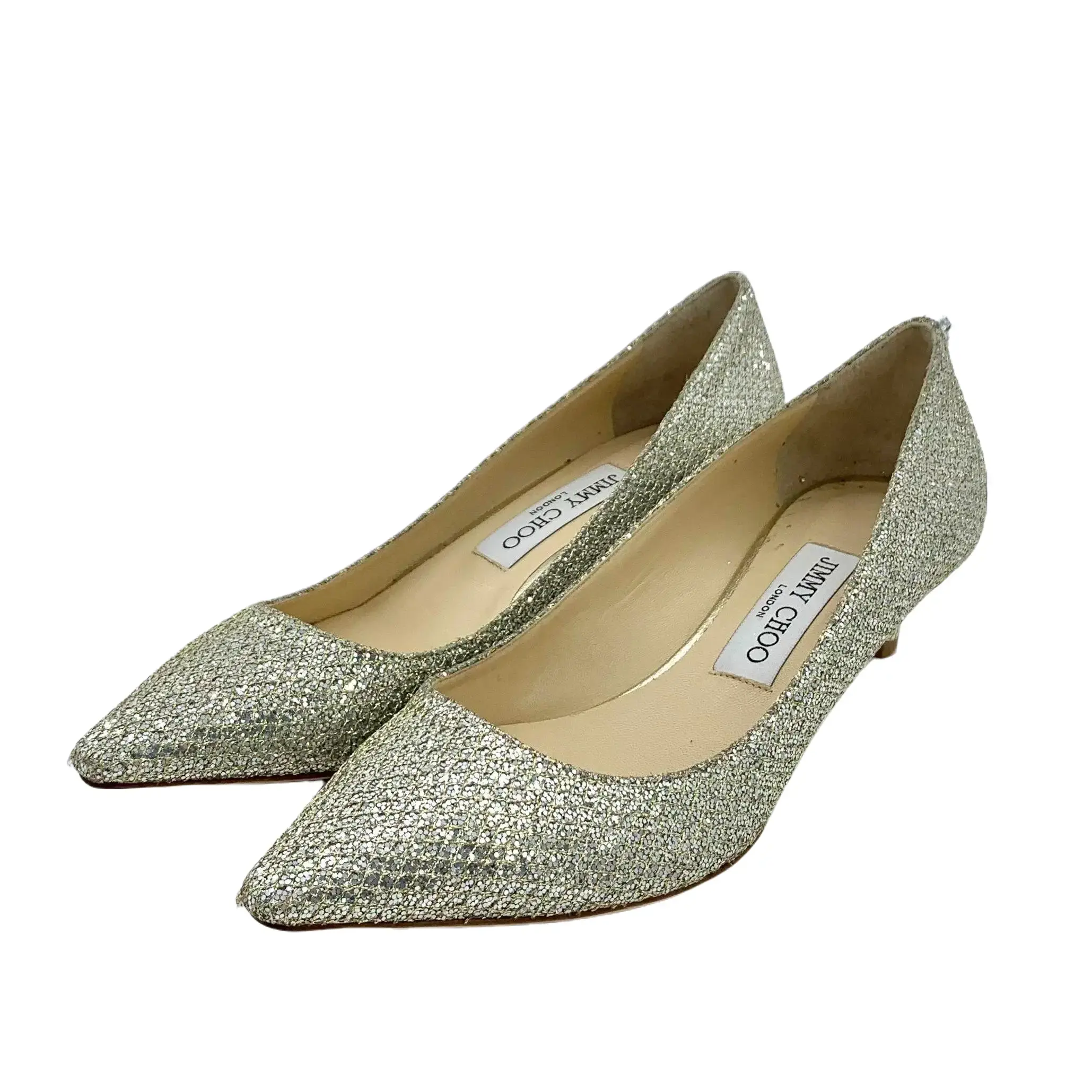 RDLT-Jimmy Choo Size 37 Champagne Sequin Glitter Pointed Toe Stiletto Heels-H37923