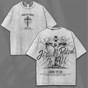 Light Wash Gray Grunge Streetwear T-Shirt with "King of Kings" Cross, Jesus Crucifixion & John 19:30 Bible Verse, Oversized Vintage Christian Aesthetic Unisex Tee