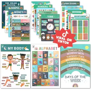 DeerSen 2025 Upgraded Educational Posters for Toddlers 1-3 16pcs Preschool Learning Kit Alphabet Numbers Colors Shapes Flat Ship Bright Colors Classroom Home