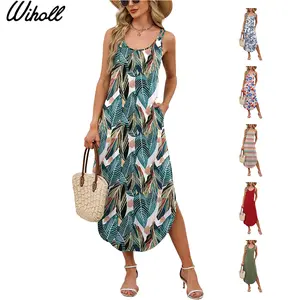 WIHOLL Summer Dresses for Women Spaghetti Strap Maxi Dress Scoop Neck Casual Boho Sundresses Beach Vacation Outfits Pockets