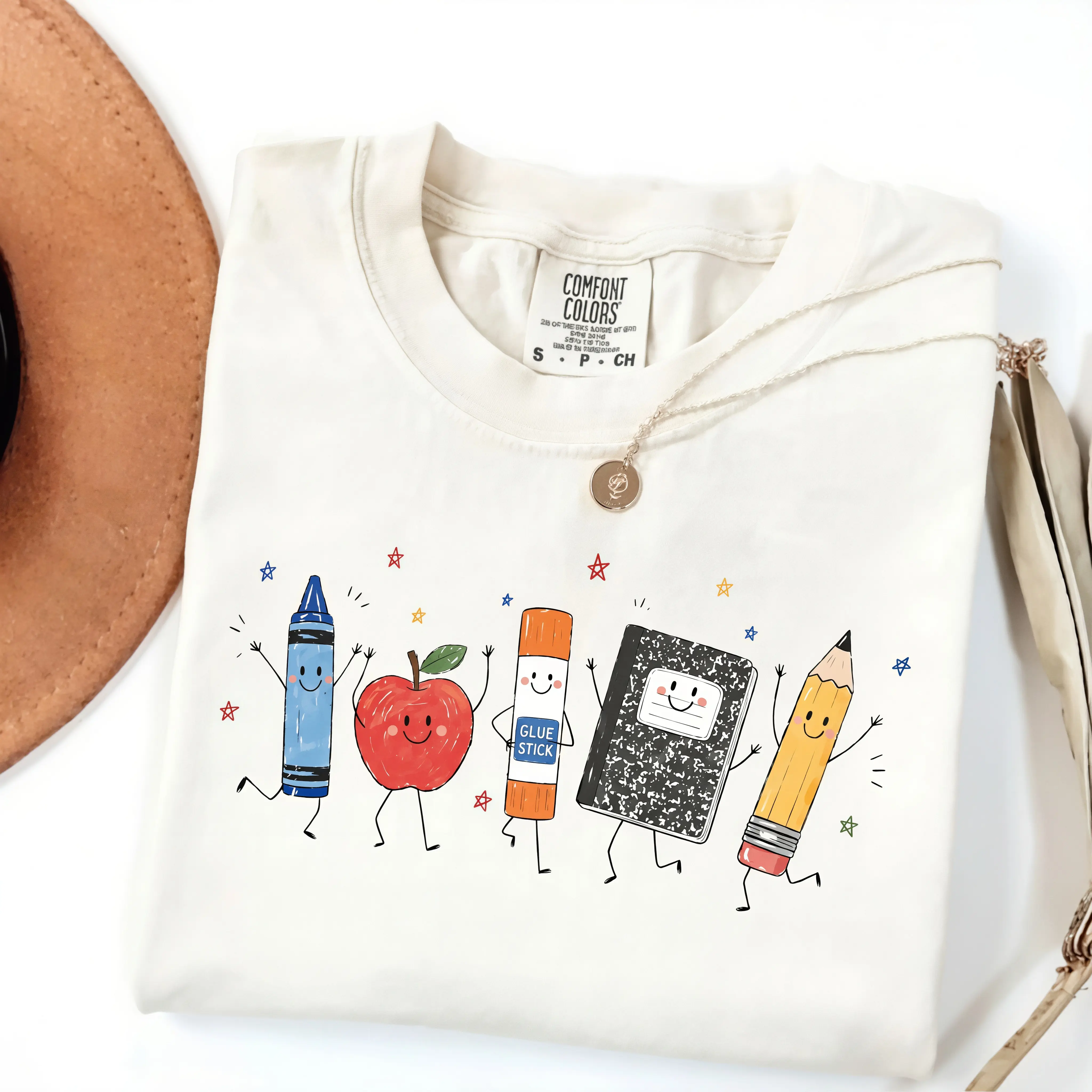 Comfort Colors Cute School Supplies Heritage Graphic Tee, Aesthetic Back To School Spirit Shirt, Radiant Teacher Crayon Apple Pencil Notebook Top, Thoughtful Classroom Sublimation Gift Boutique Heritage Apparel