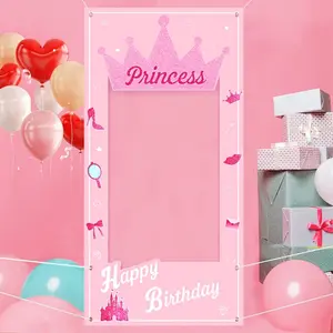 2D flat banner， 1 set, pink princess birthday photo polyester background, pink birthday celebration design photography supplement, princess themed photo booth decoration