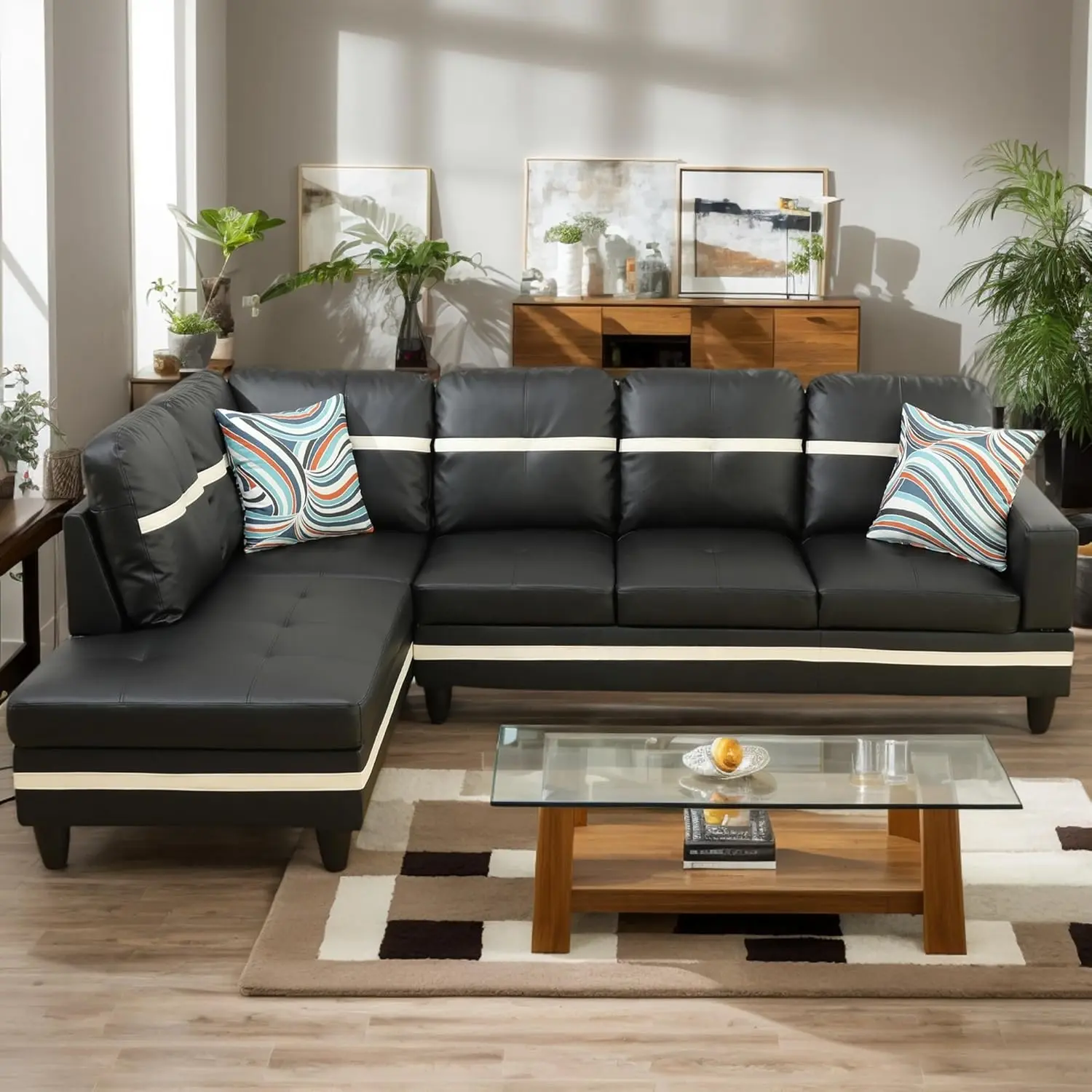 Living Room Sofa Set 2 Pieces Sectional Sofa Set,Ottoman L-Shape Sofa Faux Leather Couch with Chaise for Living RoomOfficeApartment Indoor Furniture White