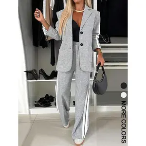 Women’s striped print blazer jacket and wide-leg pants set, casual fitted suit for all seasons, stylish ladies’ clothing ensemble that can be worn with a raincoat