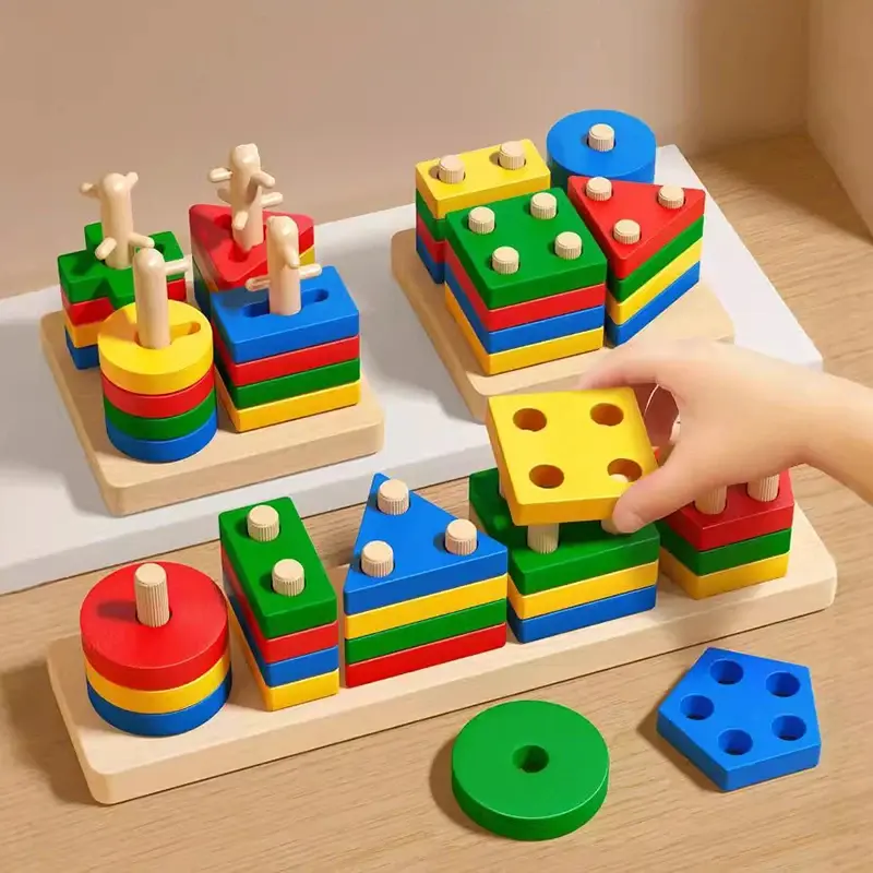 Montessori Toy Wooden Building Blocks Early Learning Educational Toys Color Shape Match Puzzle Toys