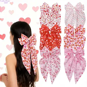 6Pcs Valentine's Day Sweet Long Bow Hair Clips for Women, Elegant Fabric Barrettes with Love Lips & Rainbow Heart Print, All-Match Decorative Hair Accessories for Daily Wear & Party Styling
