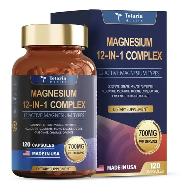 Totaria 12-in-1 Chelated Magnesium Complex 700mg Vegan Capsules - Lab Tested, Magnesium Glycinate, Citrate, Malate, Taurate & More for Muscle Support, Heart Health & Relaxation, Dietary Magnesium Supplement, Gut Support