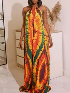 Women's Colorful Tie-Dye Halter Strap Dress, Womenswear, Bohemian, Boho, Flowy Beach Long Skirt, Casual Wear, Conceals Belly Fat, Perfect for Summer