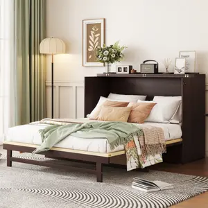 Queen Size Murphy Bed, Pine Wood Cabinet Bed with Rattan Decoration and Storage Drawer,Espresso