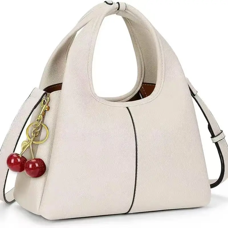 Women's Synthetic Geometric Hobo Shoulder Bag with Cute Cherry Keychain Charm, Top Handle Satchel, Adjustable Strap Retro Crossbody Purse for 2-Way Carrying, Casual Travel, Anniversary Gifting, Vegan Leather, Detachable Cherry Keychain, Birthday, Eco-Frie