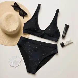 Black Celestial Moon Star Bikini Set Women High Waist 2 Piece Gold Galaxy Crescent Print Swimsuit Boho Witch Beach Summer Vacation Sunbathing Loose Comfy Cute Swimwear