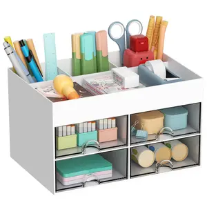 Pen Organizer with 4 Drawer, Multi-Functional Pencil Holder for Desk, Desk Organizers and Accessories with 4 Compartments + Drawer for Office Art Supplies (White)