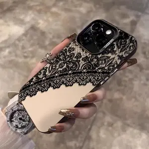 Fashionable Light Luxury Black Lace Print Half-Screen Phone Case for Apple 15 Pro Max, Compatible with Models 14/13/12/11 and Digital Fashion XS/XR, with Anti-Dirt Properties
