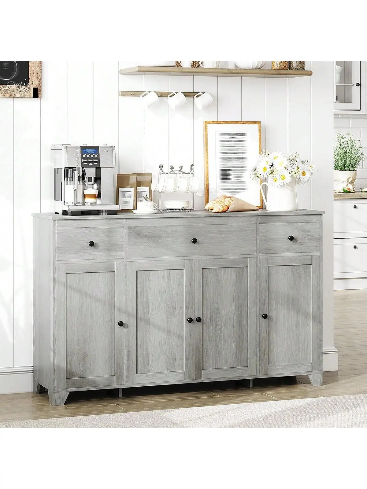 55"w Farmhouse Manufactured Wood Sideboard Buffet Cabinet - Modern, Farmhouse Flair Tea & Coffee Bar with 2 Drawers, Adjustable Shelves, Spacious Storage, 300 lbs Capacity, 15.3"d x 34.4"h, Assembly Required for Various Room Types, 55"W X 15.3"D X 34.4"H