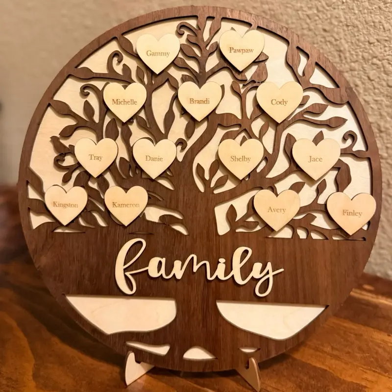Laser Cut and Engraved Family Tree with Stand Personalized with Names and Hearts for Home Decor