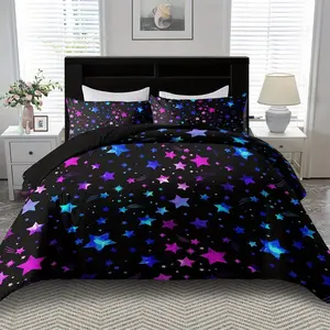 King Size Galaxy Stars Print Bedding Set, Soft Polyester Fiber, Includes Fitted Sheet & Pillowcases, Home Decor Gift