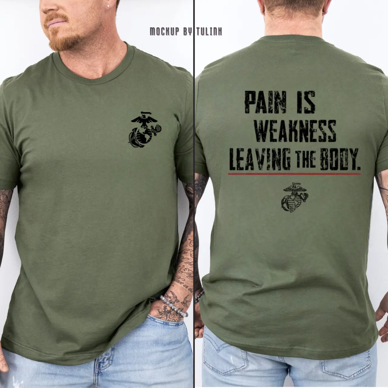 2 Sided USMC Pain Is Weakness Leaving The Body Shirt, Marine Corps EGA Logo Graphic Tee, 100% Cotton Motivational Military Gym T-Shirt Unisex Fit