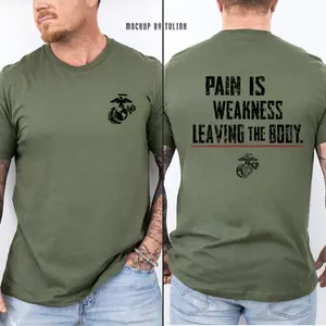 2 Sided USMC Pain Is Weakness Leaving The Body Shirt, Marine Corps EGA Logo Graphic Tee, 100% Cotton Motivational Military Gym T-Shirt Unisex Fit