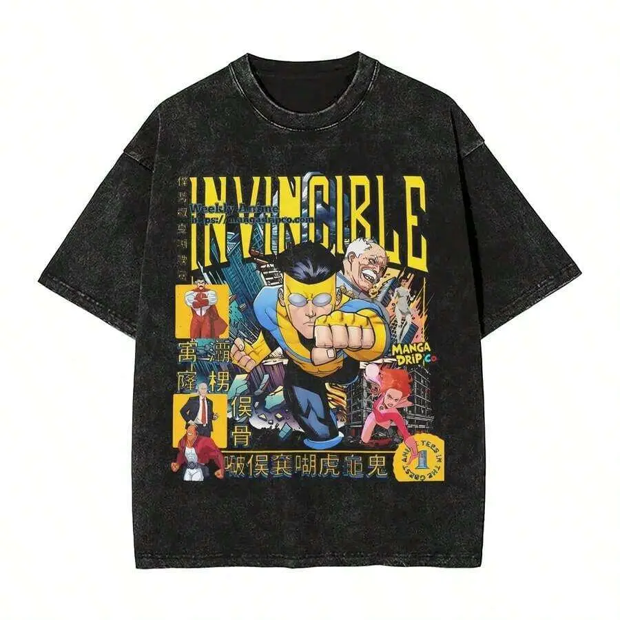 Menswear Retro Washed Black Oversized Loose-Fitting T-Shirt - Bold 'Invincible' Text, Superhero Collage Graphic, Unisex Short Sleeve Streetwear for Outdoors & Daily Wear, Casual