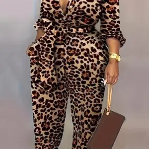 Plus Size Leopard Print Belted Jumpsuit, Casual Long Sleeve Collared Jumpsuit, Women's Plus Size Clothing.