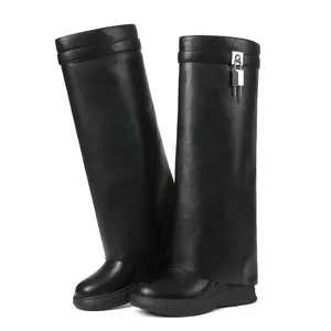 Women‘s Fold Over Boots Wide Mid-calf Boots Platform Heel Almond Toe Faux Leather Pull Fold Over Boots Knee High Boot With Decorative Lock for fall