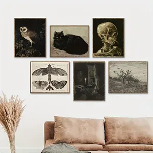 6PCS/Set Vintage Canvas Poster Moody Halloween Gothic Witchy Aesthetic Goth Spooky Gallery Wall Decor Black Cat Poster, Vintage Skeletons Owl Poster, Dark Academia Decoration Wall Pictures For Living Room Home Decor, Tombstone Wall Art, Unframed