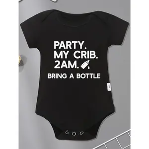 [Gentle Care] Party My Crib" Fun Letter Print Baby Bodysuit - Soft Cotton, Short Sleeve, Round Neck Romper for Boys & Girls, Machine Washable, Ideal for Casual Wear, Baby Casual Wear|Short Sleeve Romper|Skinfriendly Fabric, Baby Clothes, Perfect for Outdo