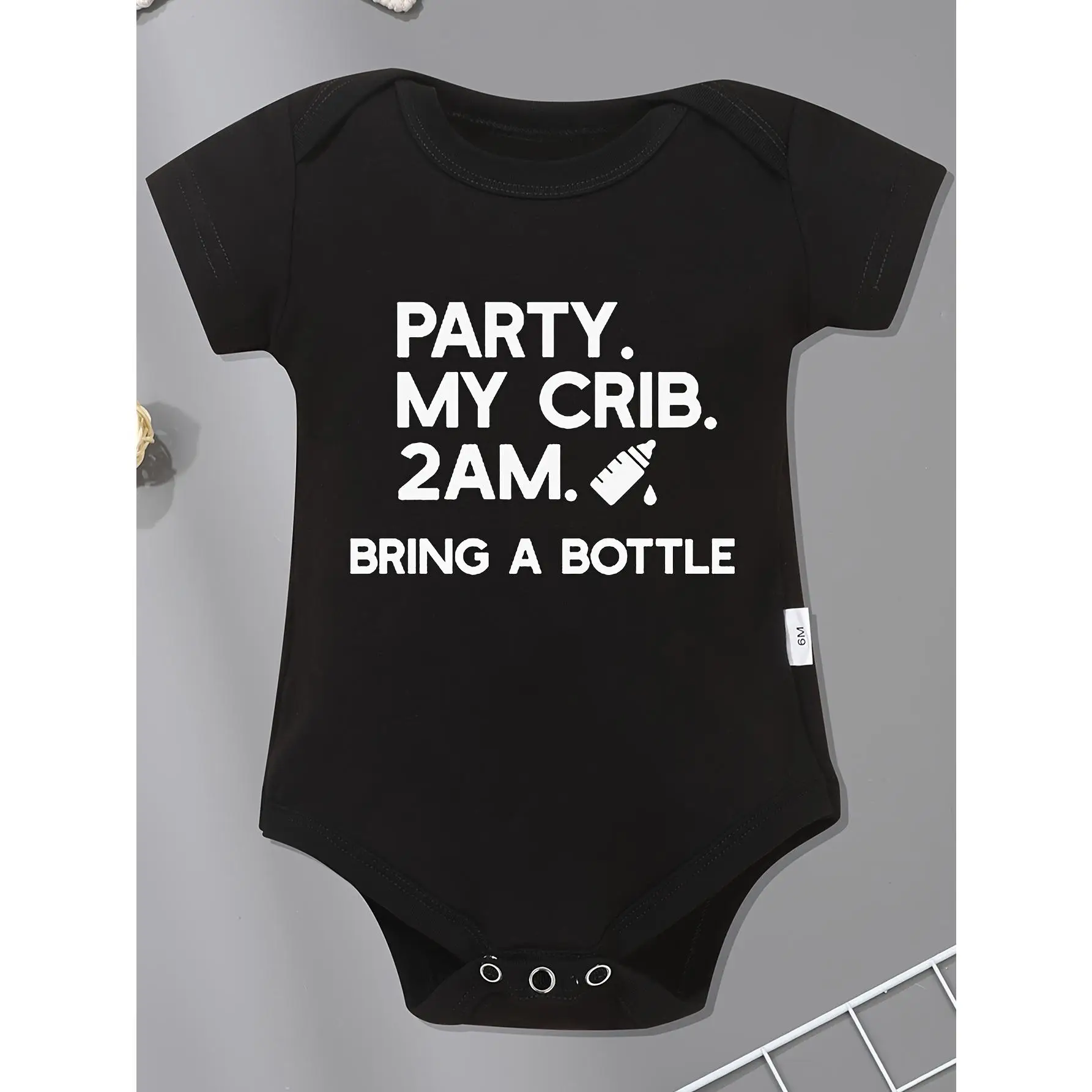 [Gentle Care] Party My Crib" Fun Letter Print Baby Bodysuit - Soft Cotton, Short Sleeve, Round Neck Romper for Boys & Girls, Machine Washable, Ideal f