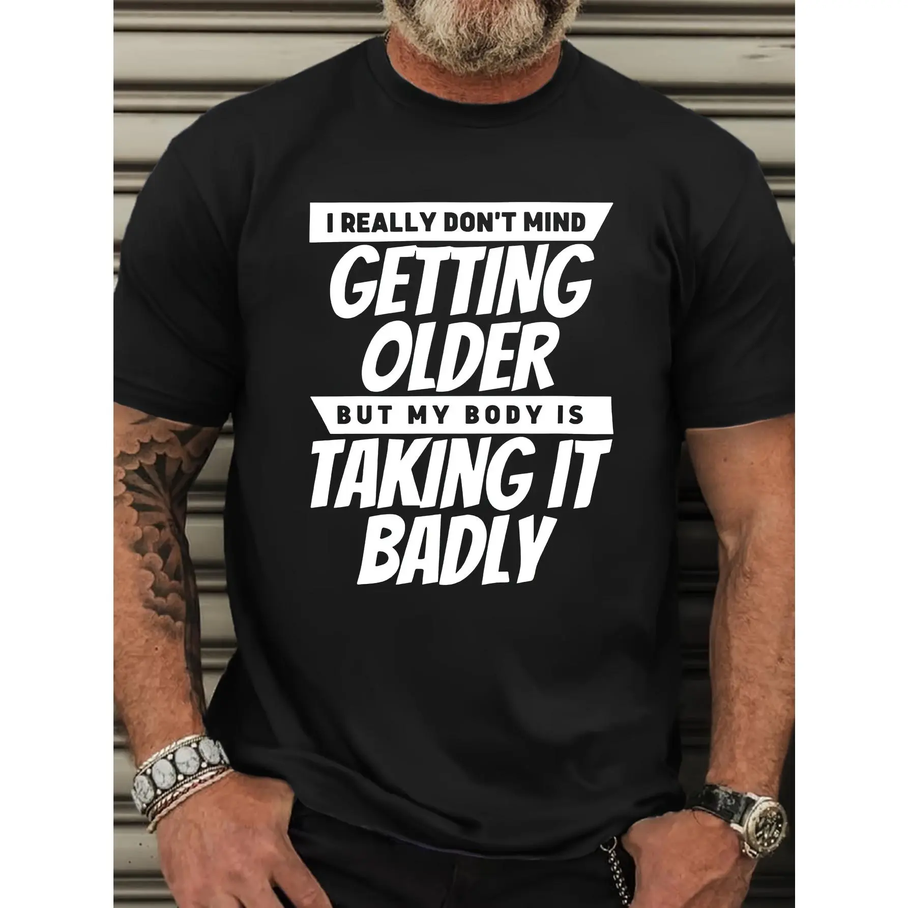 Men's Plus Size Oversized Short-Sleeve Graphic Tshirt - Menswear Streetwear, Funny "I Don't Mind Getting Old, But My Body is Falling Apart" Print, Breathable Polyester, Round Neck, Machine Washable Casual Top
