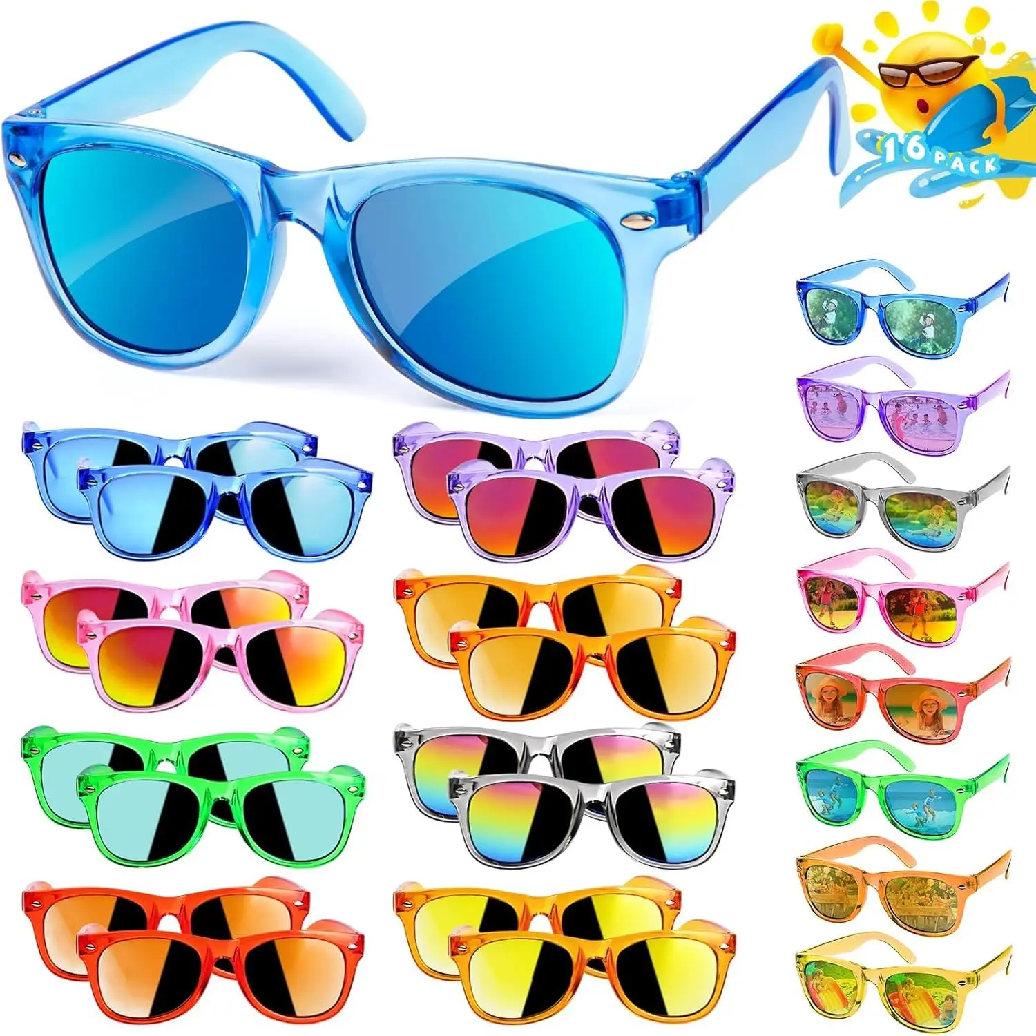 S-17 Kids Sunglasses Bulk Party Favors - 16 Packs Boys Girls Sunglasses for Kids Age 3-8 with UV 400 Protection, Neon Sunglasses for Kids Party