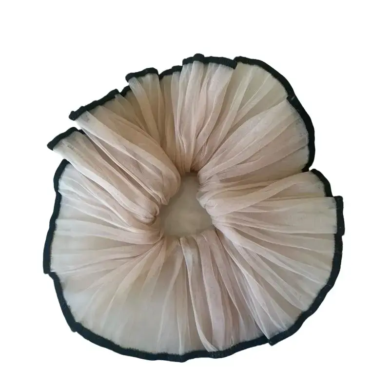 Light Pink French Oversized Hair Scrunchie with Black Trim and Pleated Design