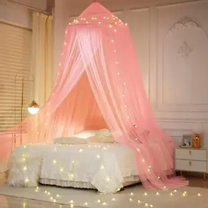 New pink dome mosquito net, equipped with additional light strips, night fluorescent dome bed curtain, foldable and no installation required