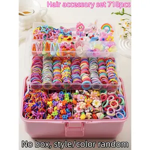 Dopamine Hair Accessory Set (200/718pcs) - Sweetly Decorated Cartoon Clips, Cute Flowers, High-Elasticity Rubber Bands, Butterfly Bands for Daily Styling, Ideal Gift