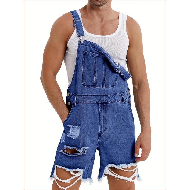 Runcati Men's denim shorts bib overall jean romper, offering a casual loose fit with buttoned pockets, perfect for summer wear as a comfortable and stylish jumpsuit.